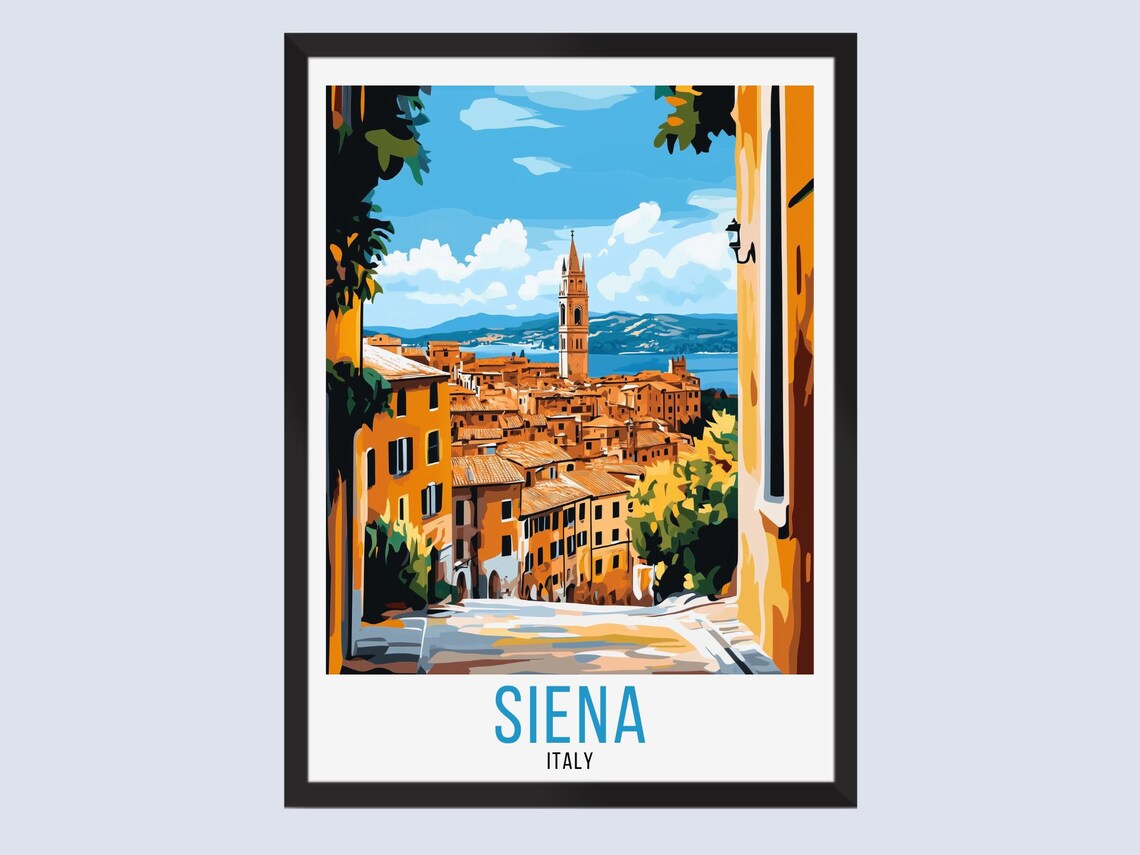 Siena Italy Tuscan Old Town Tower Street Vintage Travel Poster