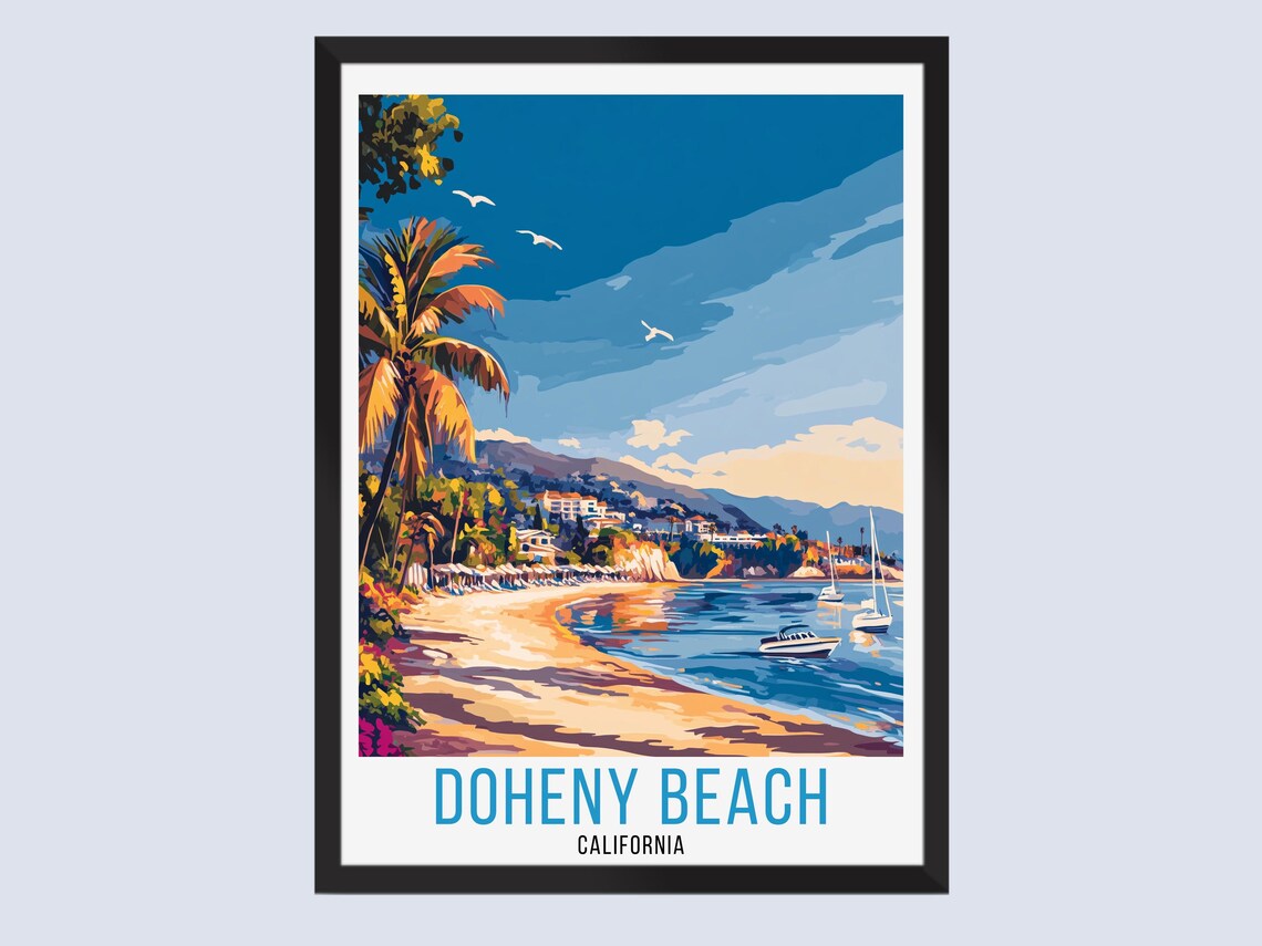 Doheny Beach California Sandy Shore Sailboats Palm Retro Travel Poster