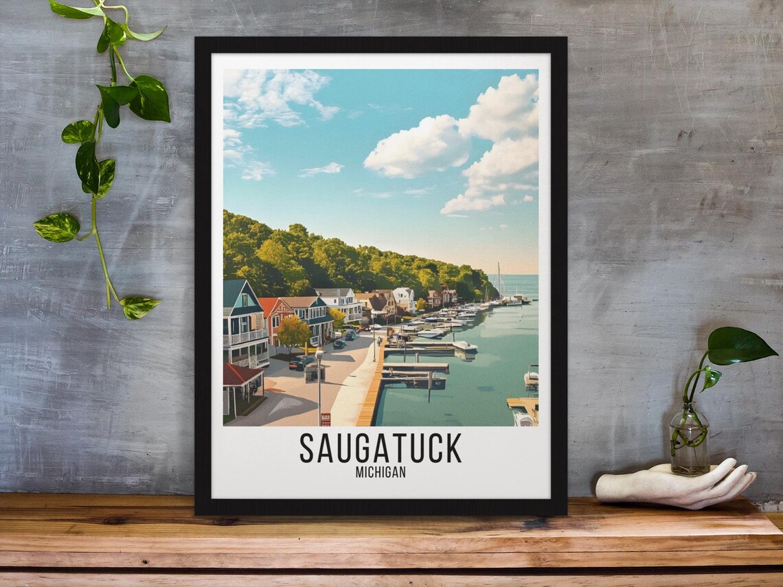 Saugatuck Michigan Harbor Town Marina Scene Summer Vintage Poster