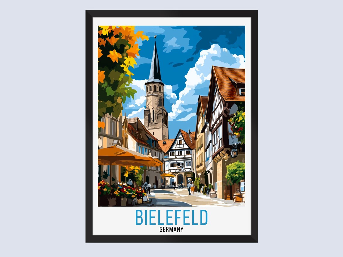 Bielefeld Germany Travel Poster Retro Old Town Church Tower Street Art