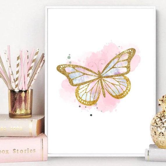 Gold Butterfly Wall Art Watercolor Butterfly Poster Girl Bedroom Wall Decor Girl Nursery Art Print Teen Room Decor