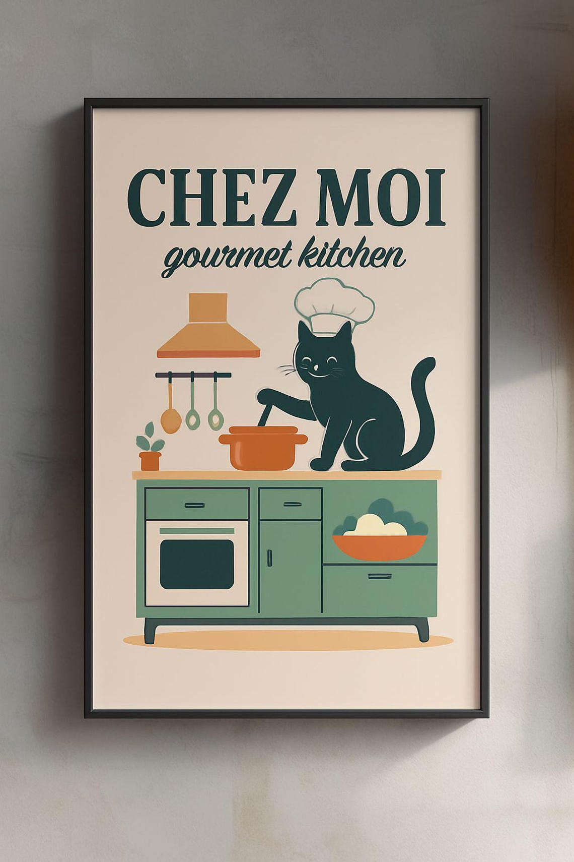 Chez Moi Gourmet Kitchen Black Cat Chef Cooking Retro Poster