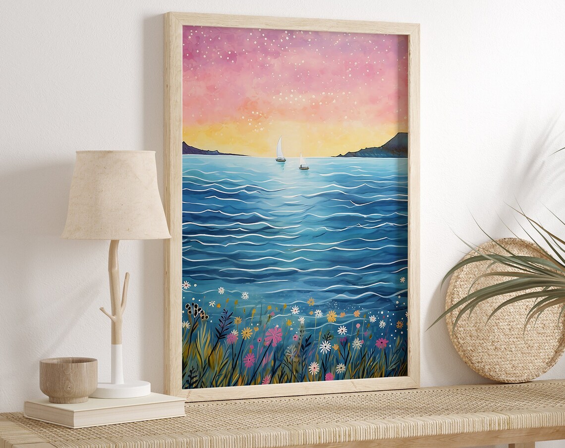 Sunset Seascape Sailboats Pink Sky Wildflowers Coastal Art Poster - Image 3