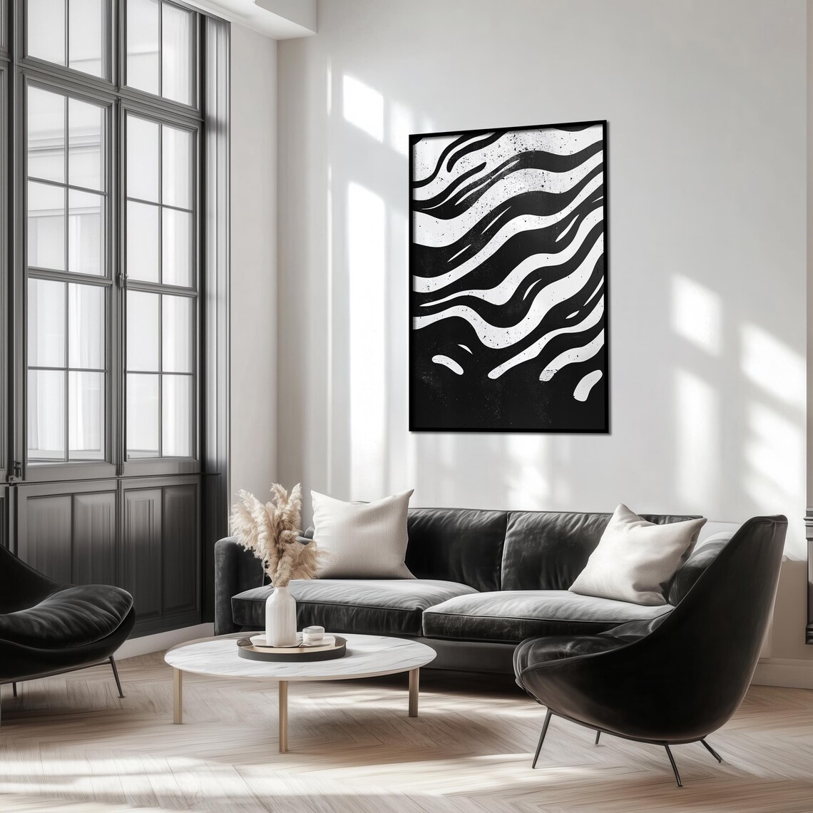 Flowing Zebra Stripe Black White Abstract Minimalist Rhythm Art Poster - Image 3