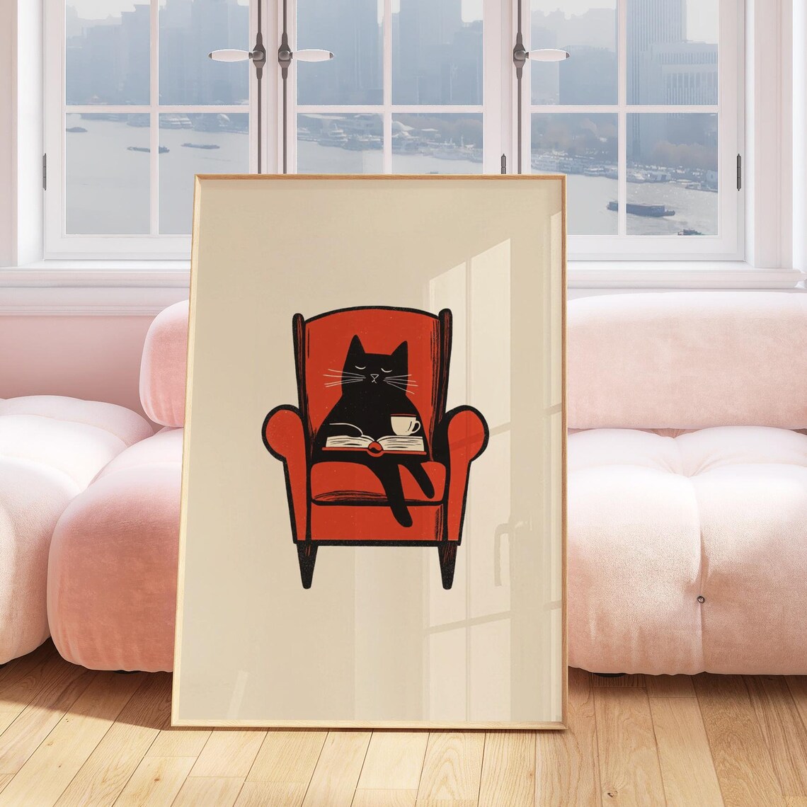 Cute Black Cat Reading Book Red Armchair Cozy Bookworm Poster - Image 3