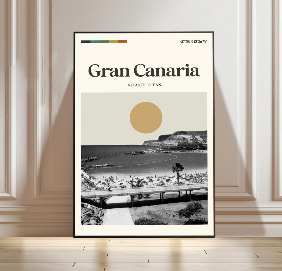 Gran Canaria Atlantic Ocean Beach Black and White Travel Poster