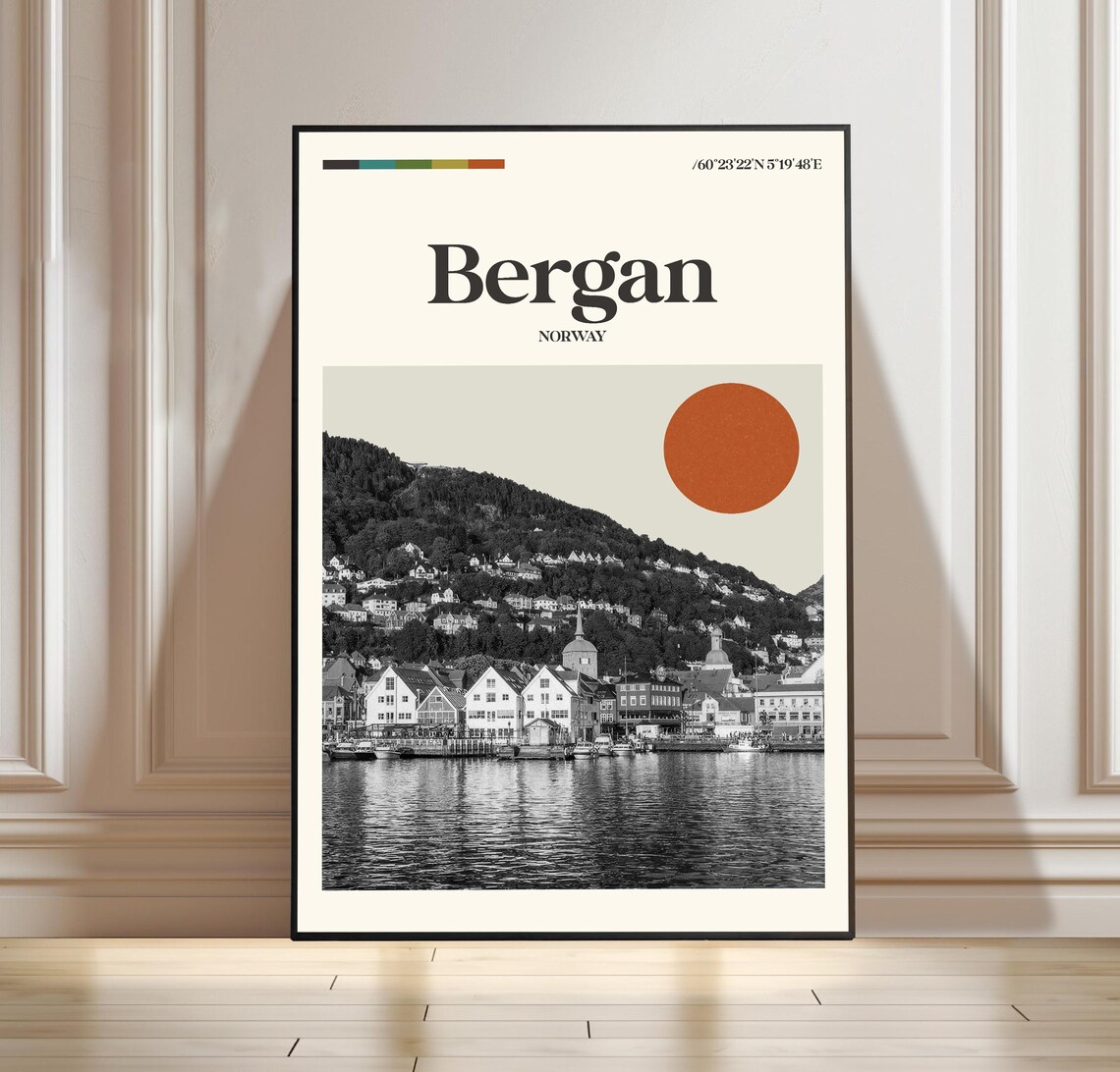 Bergan Norway Harbor Vintage Black and White Travel Photography Poster