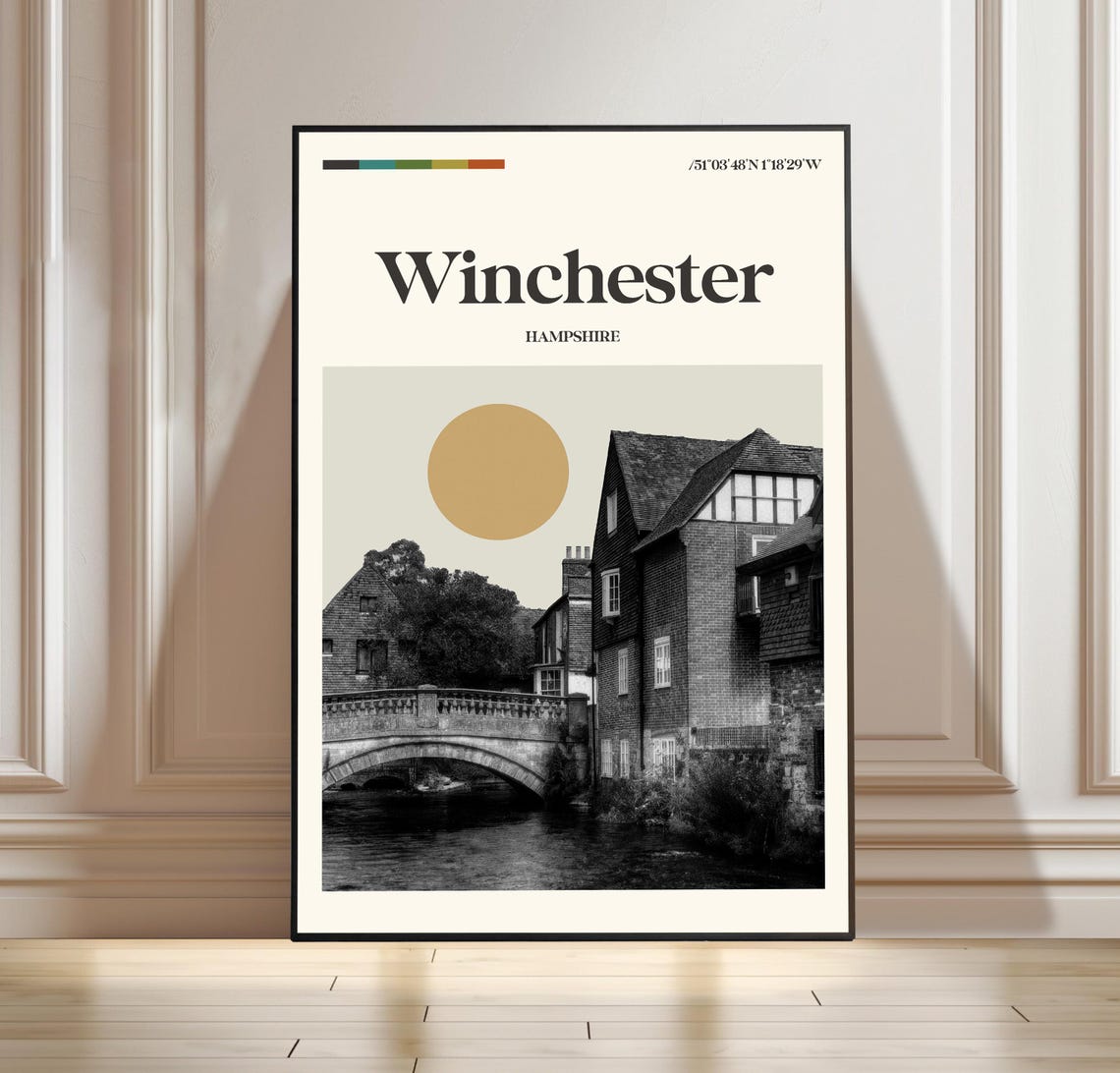 Winchester Hampshire England Riverside Bridge Vintage Travel Poster