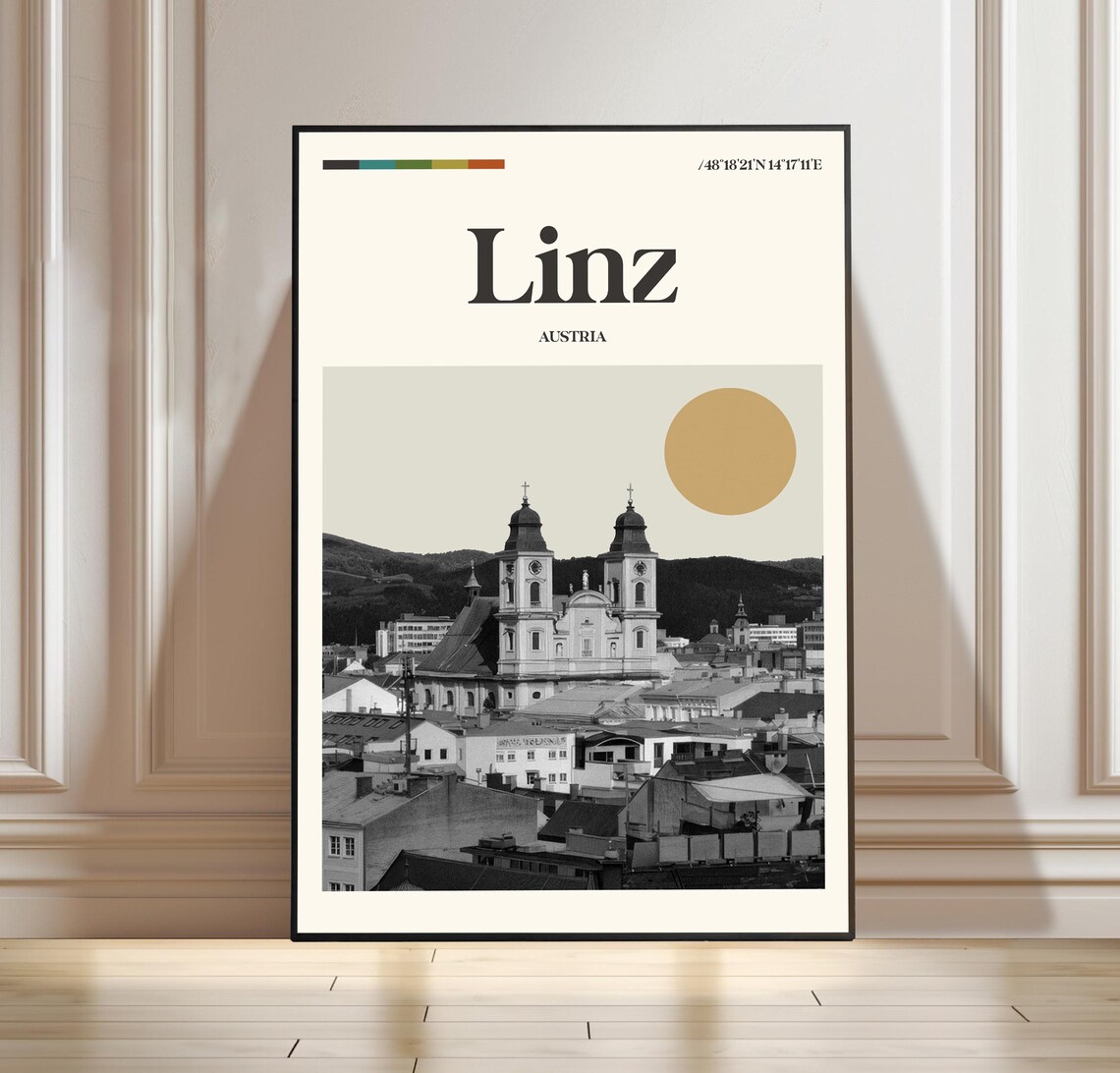 Linz Austria Minimalist Travel Poster with Coordinates Gold Sun