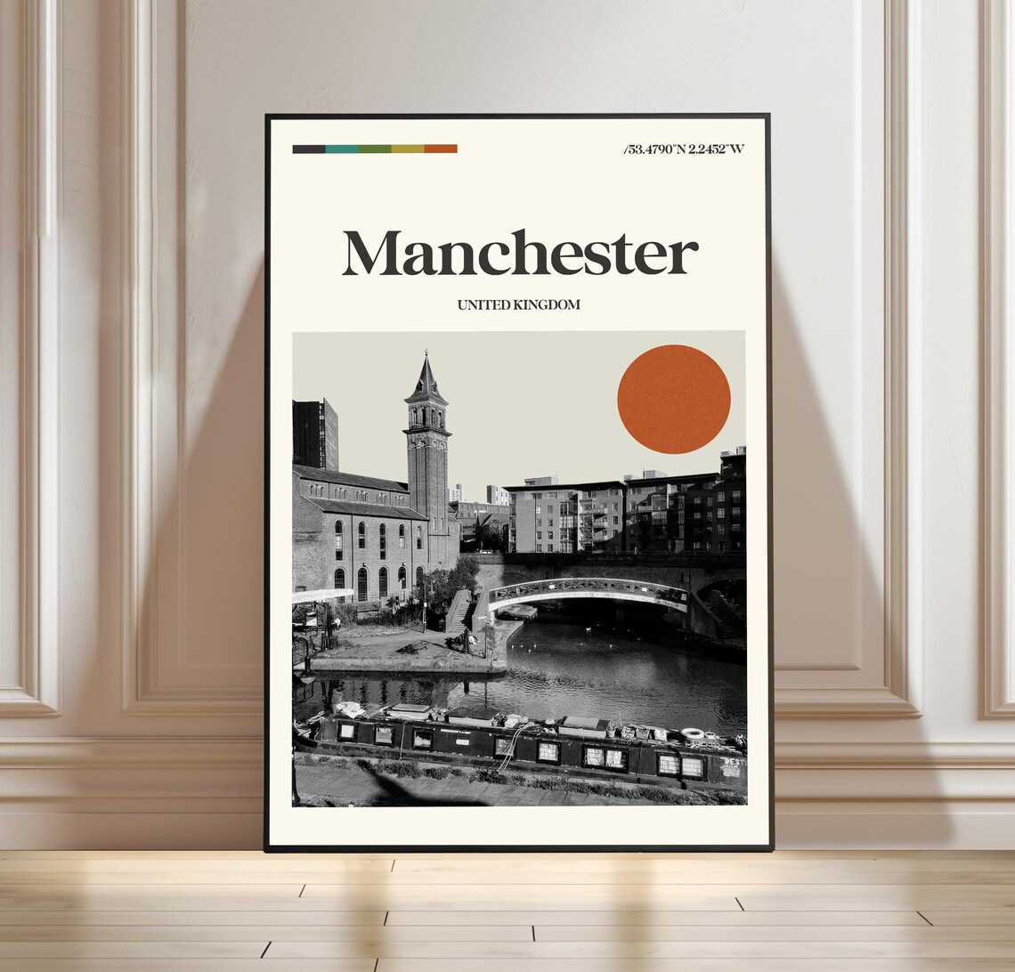 Manchester United Kingdom Mid Century Canal City Travel Poster