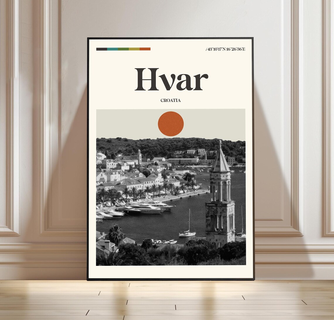 Hvar Croatia Old Town Retro Minimalist Adriatic Harbor Travel Poster