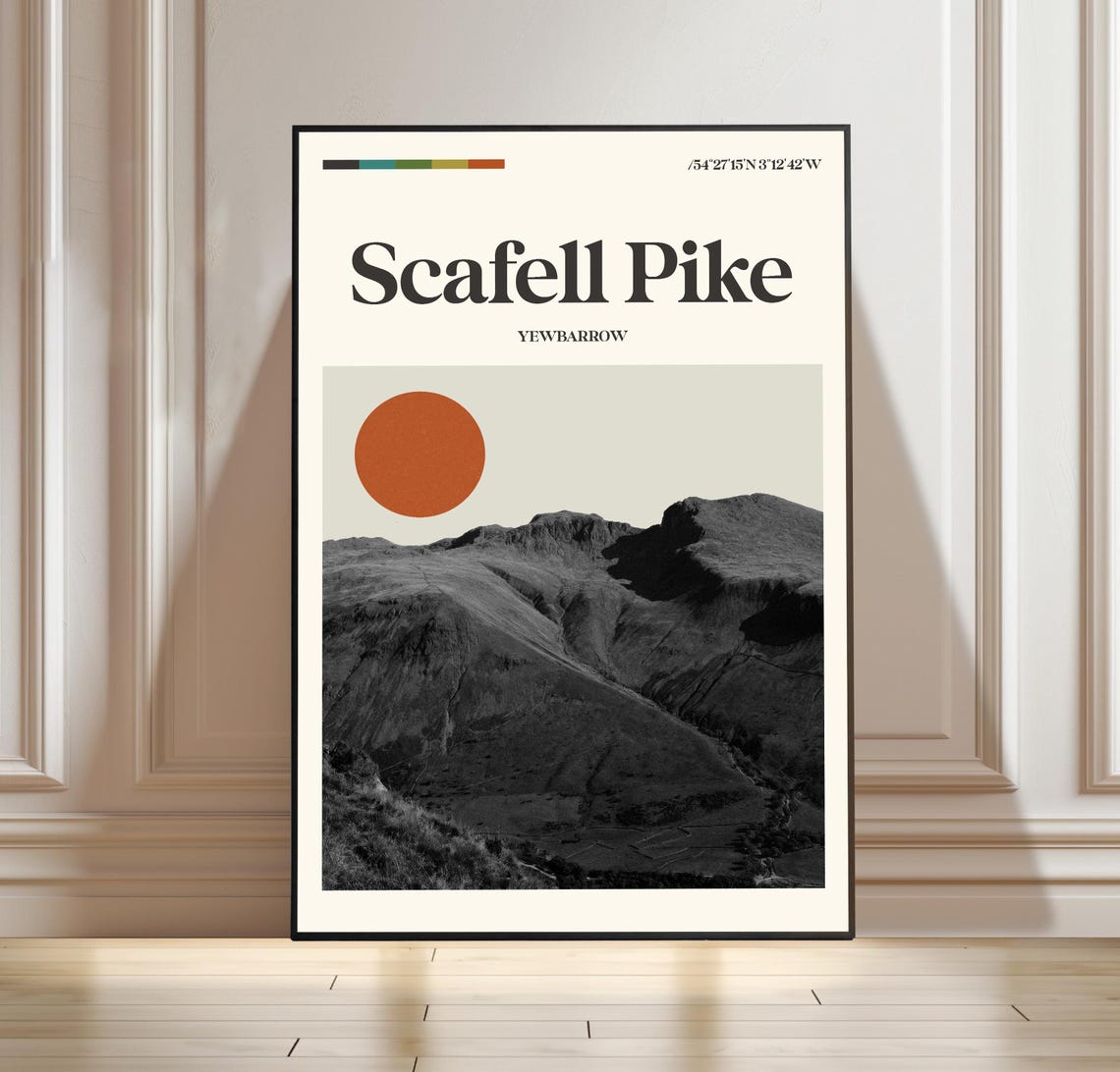 Scafell Pike Yewbarrow Mountain Red Sun Minimalist Travel Poster