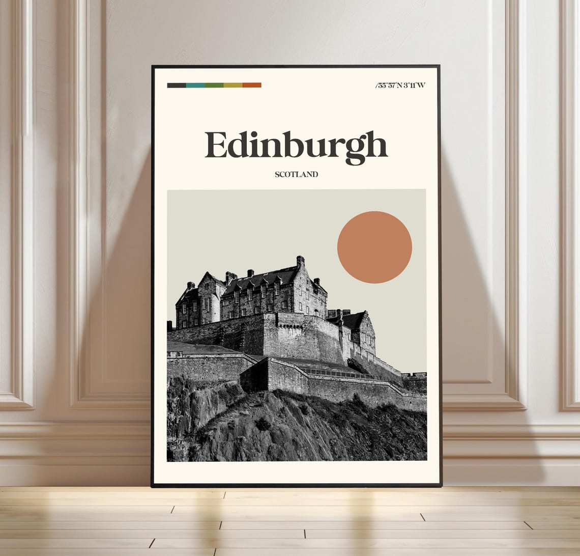 Edinburgh Castle Scotland Minimalist Travel Poster with Terracotta Sun