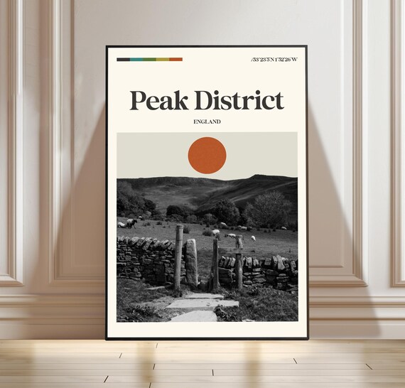 Peak District England Minimalist Travel Poster Sheep Meadow Stone Wall