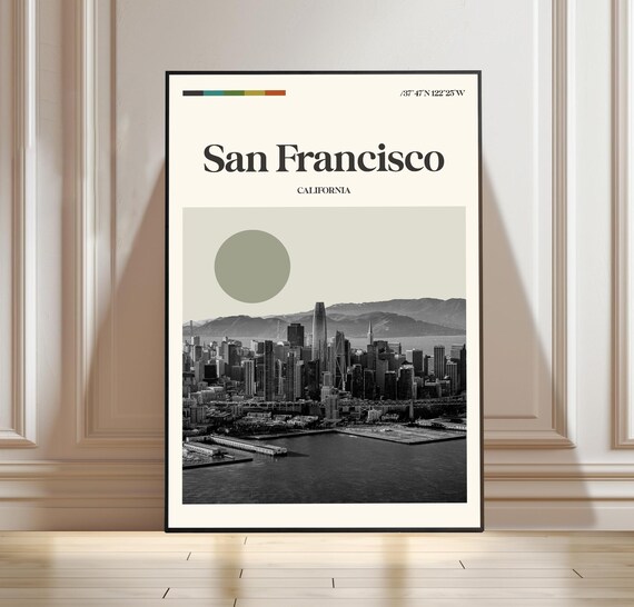 Vintage San Francisco California Skyline Bay Bridge Travel Poster