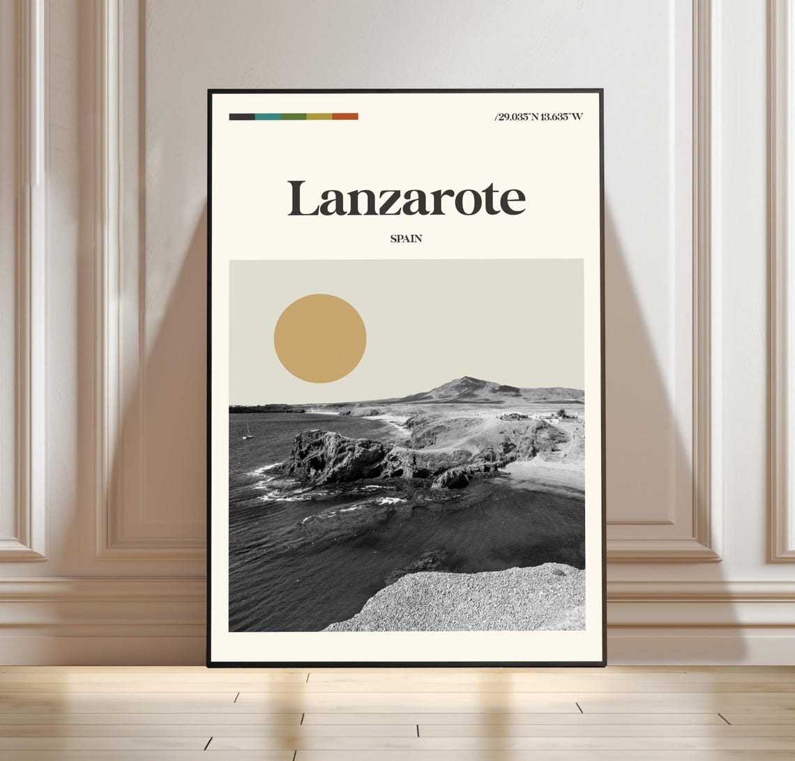 Lanzarote Spain Minimalist Travel Poster with Coordinates Gold Sun