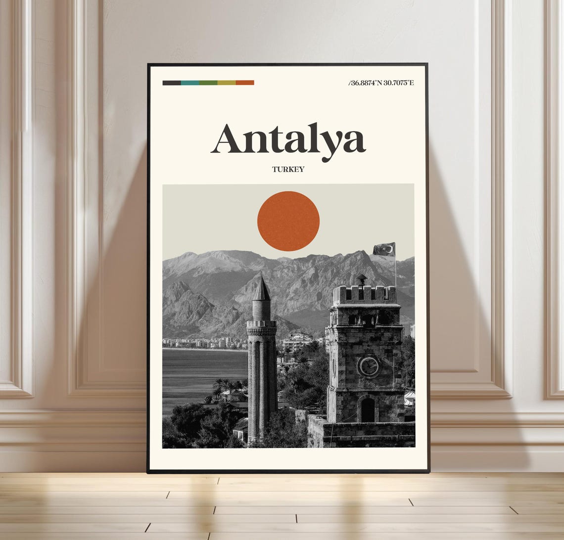 Antalya Turkey Clock Tower Red Sun Modern Minimalist Travel Poster