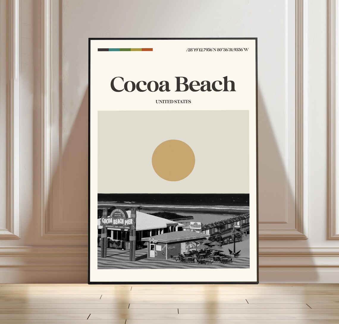 Cocoa Beach Florida Pier Vintage Black and White Travel Poster