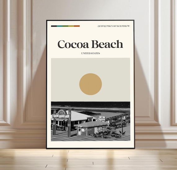 Cocoa Beach Florida Pier Vintage Black and White Travel Poster