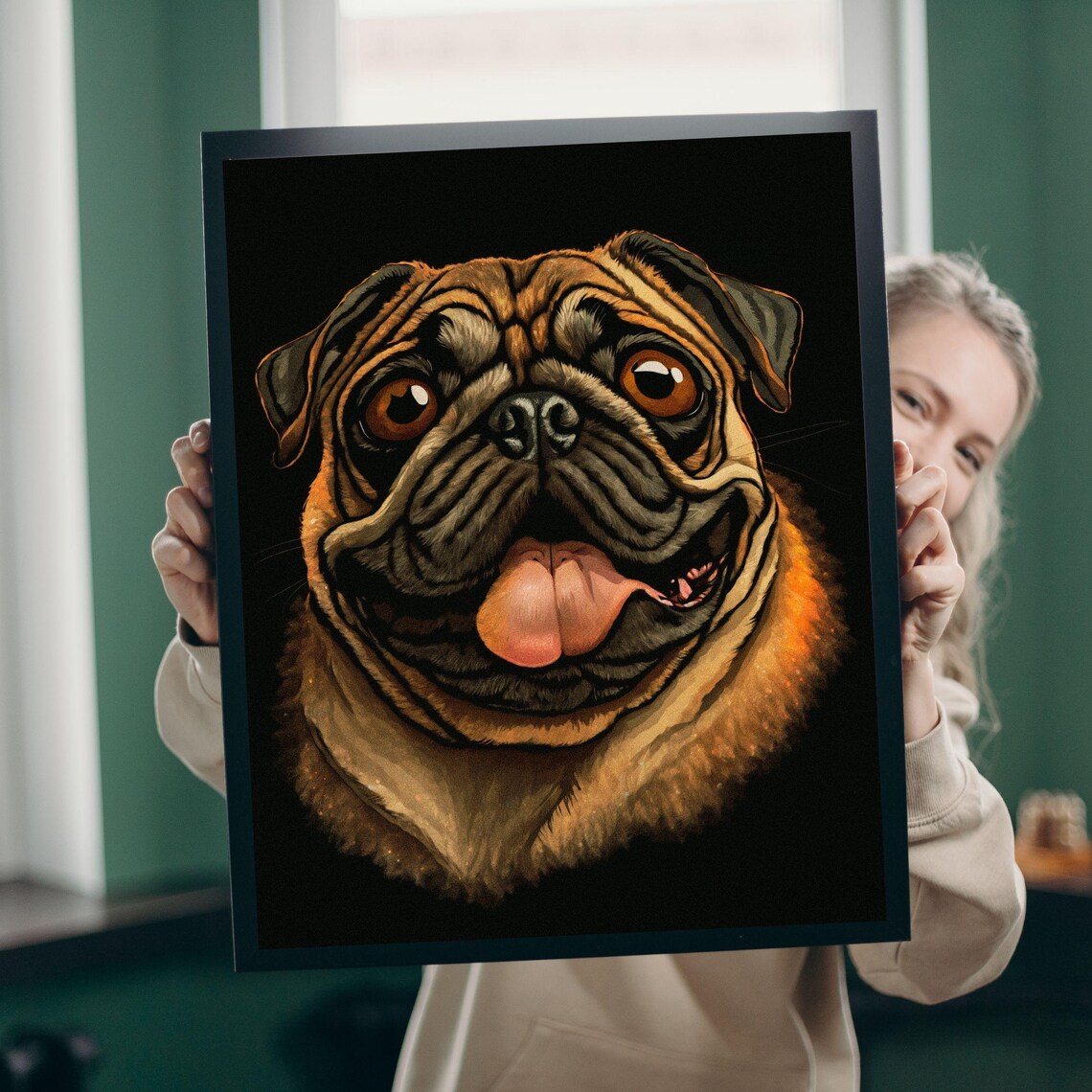 Goofy Happy Pug Tongue Out Black Background Dog Portrait Poster
