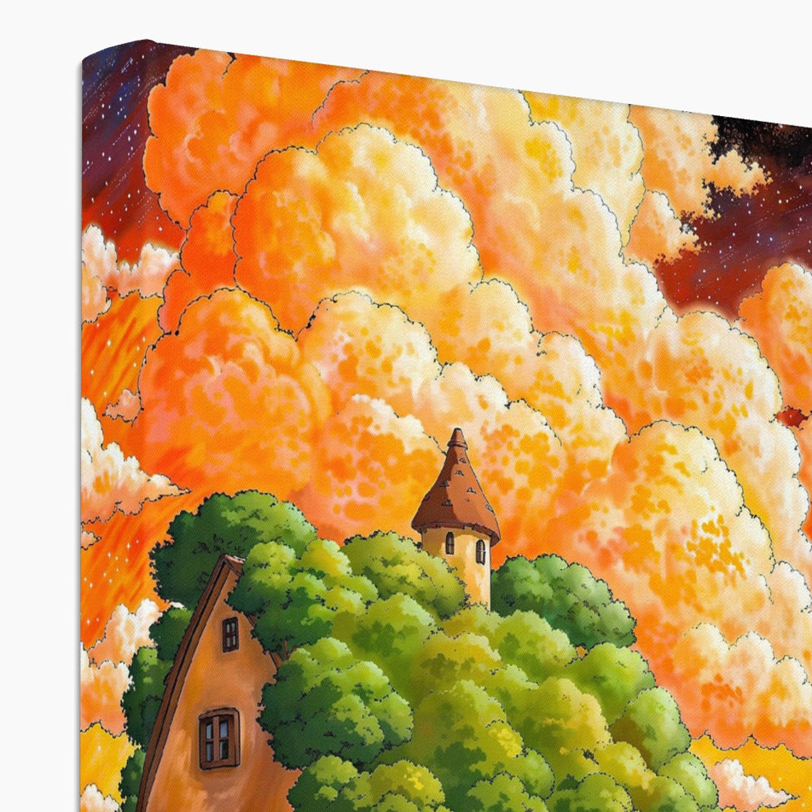 Orange Farmland House Fluffy Clouds Art Beautiful Sunset Sky Kids Room Decor Baby Room Farmhouse Colorful Stars And Nature Art Print - Image 2
