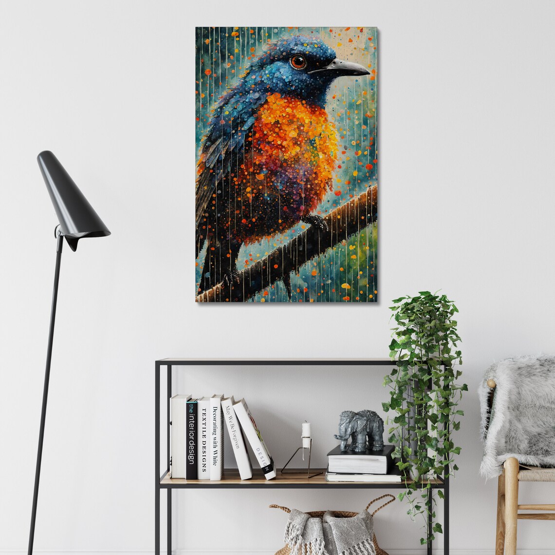 Blue Orange Bird Rain Branch Watercolor Dots Moody Wild Bird Art Print - Image 3