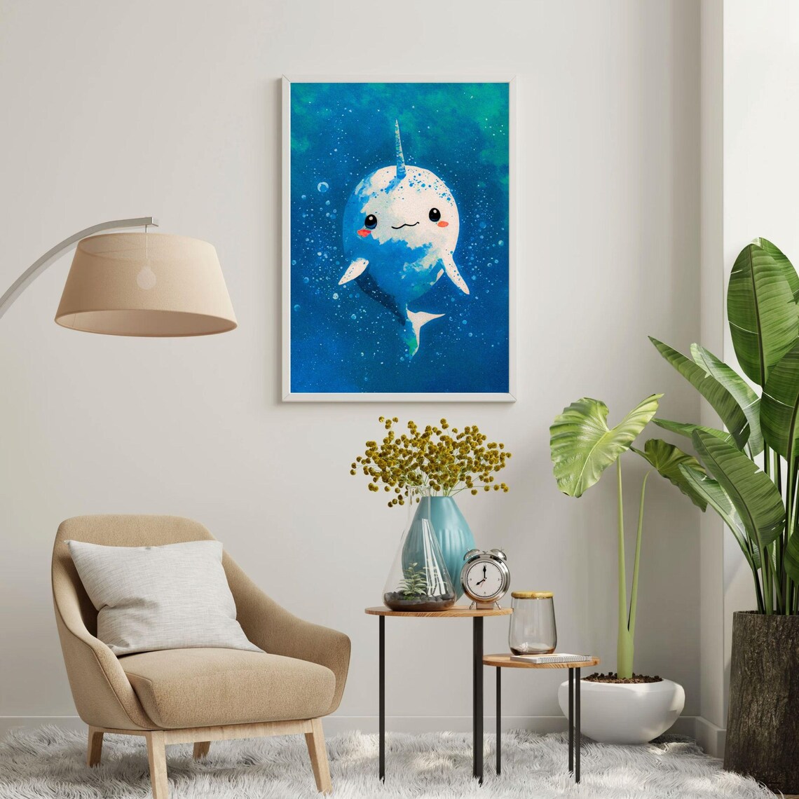 White Baby Narwhal Blue Ocean Nursery Kids Room Animal Wall Art - Image 7