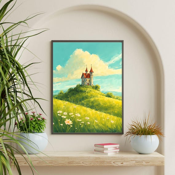 Storybook Castle Art Print Fantasy Landscape Whimsical Castle On Hill Kids Room Decor Nursery Art Unique Gift 8x10 24x36 Sizes