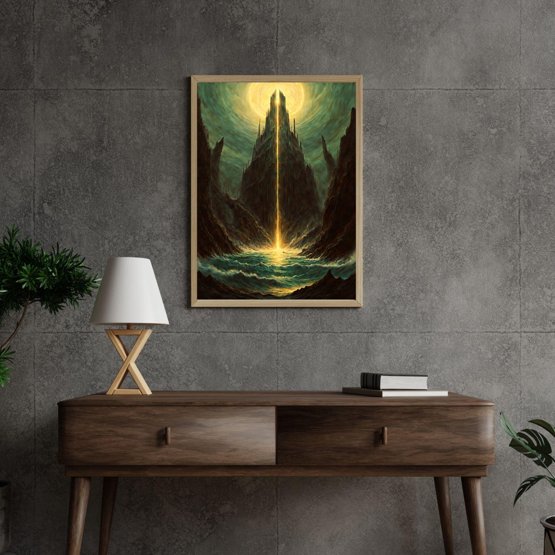 Epic Fantasy Landscape Art Print Mystical Waterfall Mountain Glowing Light Dramatic Scene Unique Wall Art Fantasy Decor 8x10 24x36 - Image 3