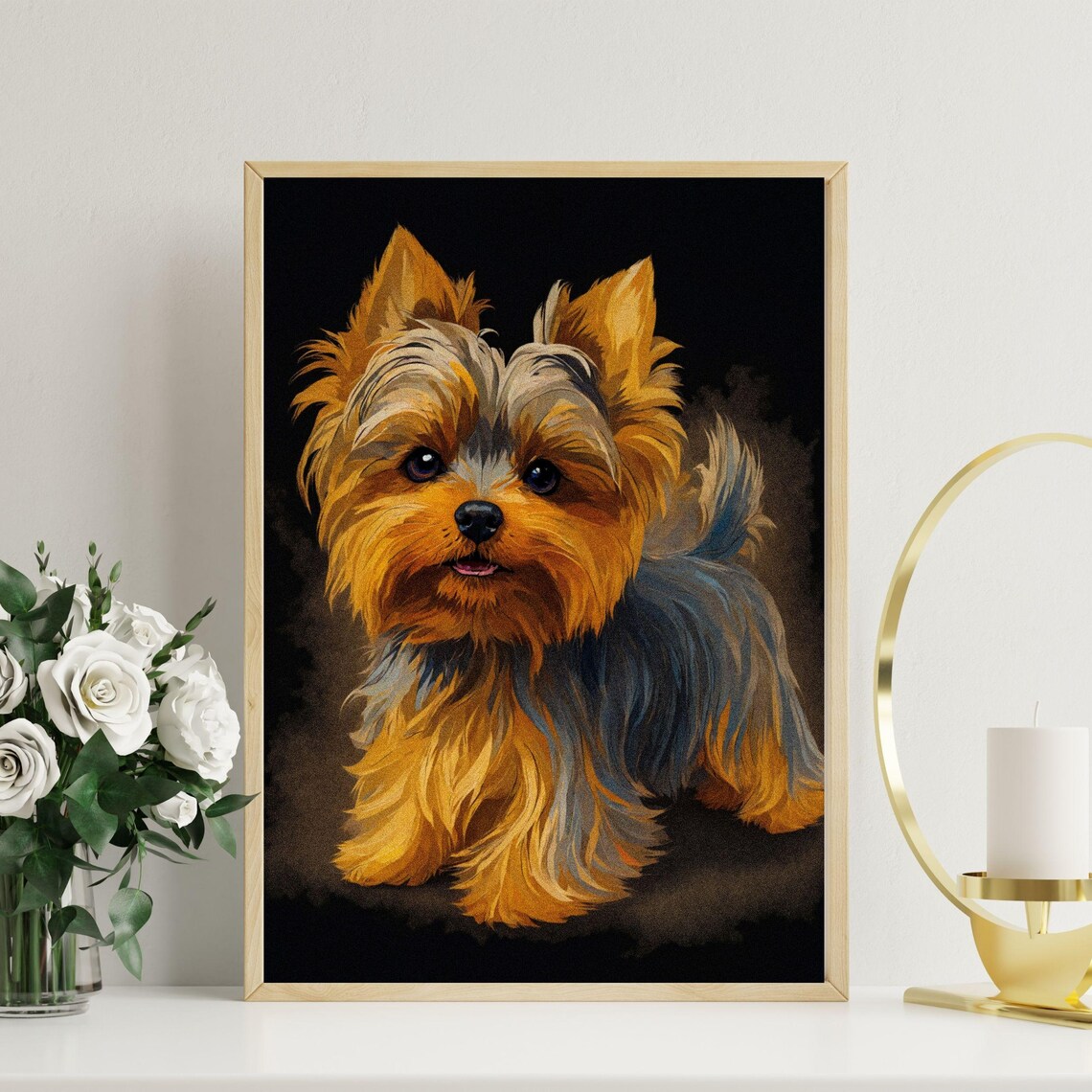 Yorkshire Terrier Puppy Golden Tan Black Background Portrait Poster