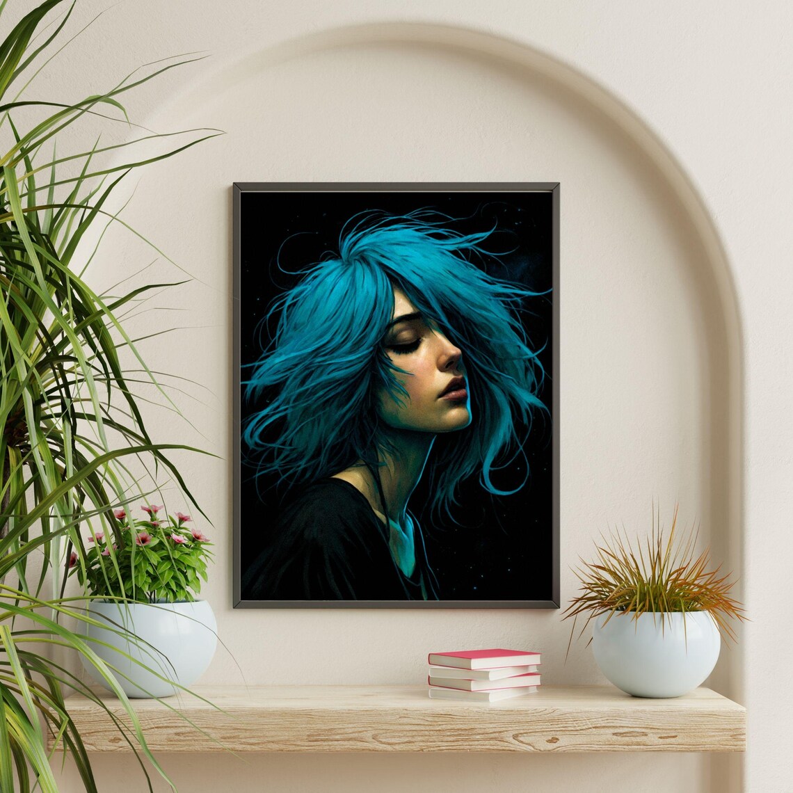 Windblown Teal Blue Hair Woman Portrait Emotional Dark Beauty Wall Art - Image 2