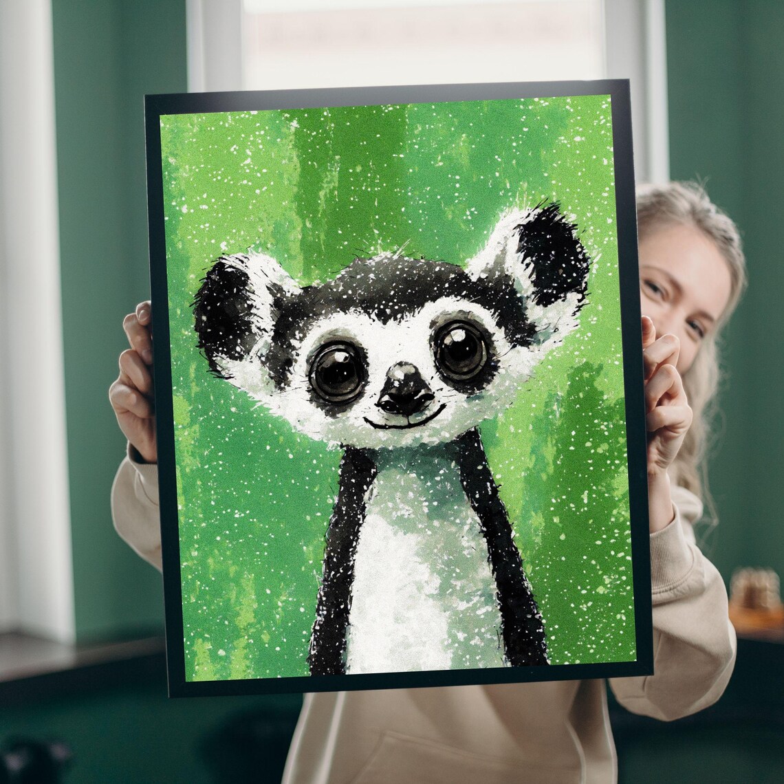 Cute Baby Lemur Big Eyes Green Splatter Nursery Animal Wall Art - Image 2