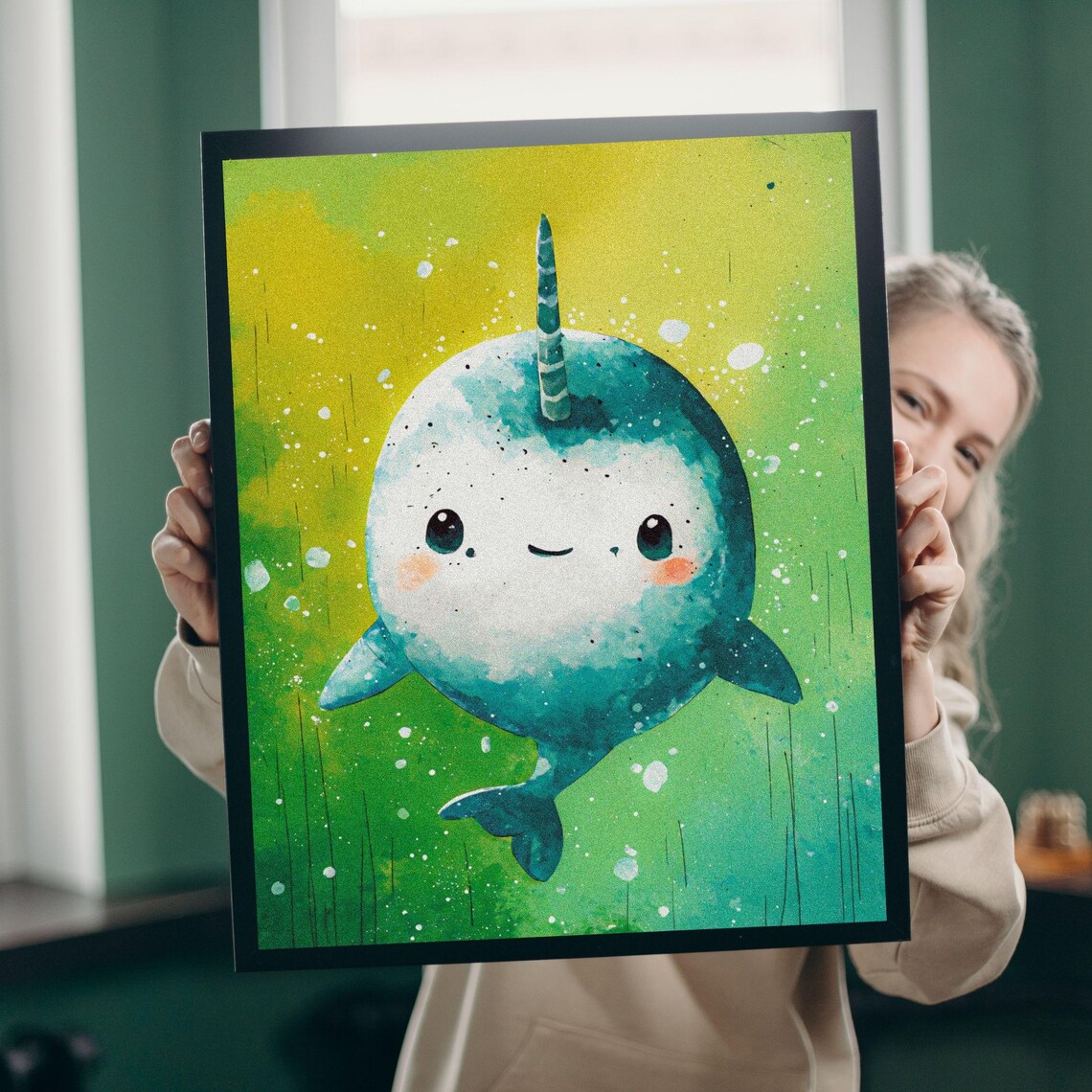 Smiling Baby Narwhal Teal Splatter Ocean Animal Nursery Wall Art - Image 6