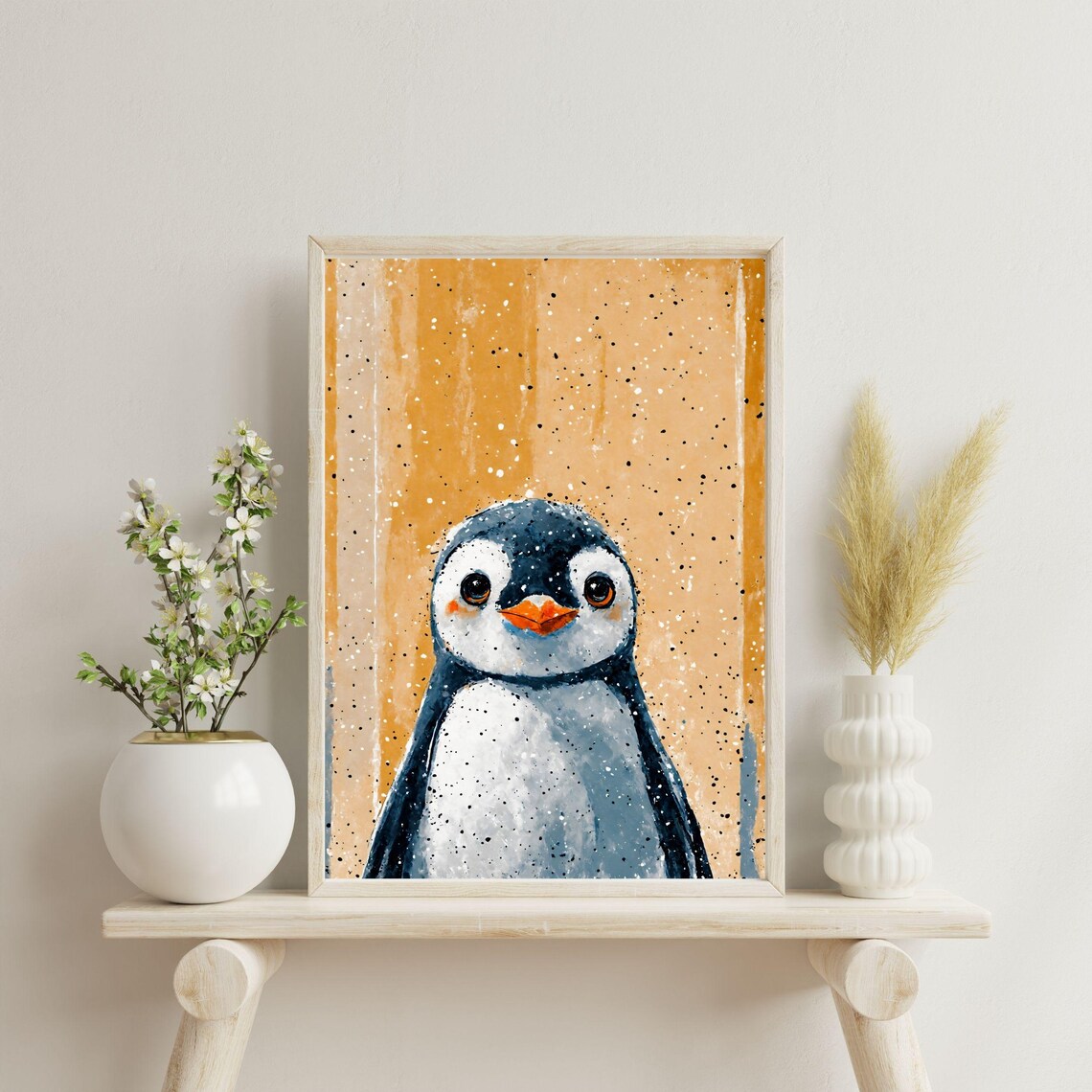Cute Baby Penguin Watercolor Portrait Orange Background Nursery Print - Image 3