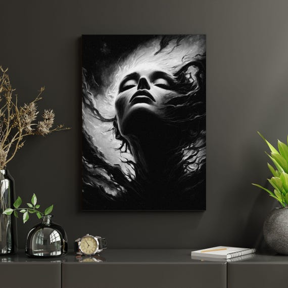 Grayscale Fashion Portrait Contemplative Art Print Emotional Expression Abstract Female Figure Spiritual Artwork Large Framed