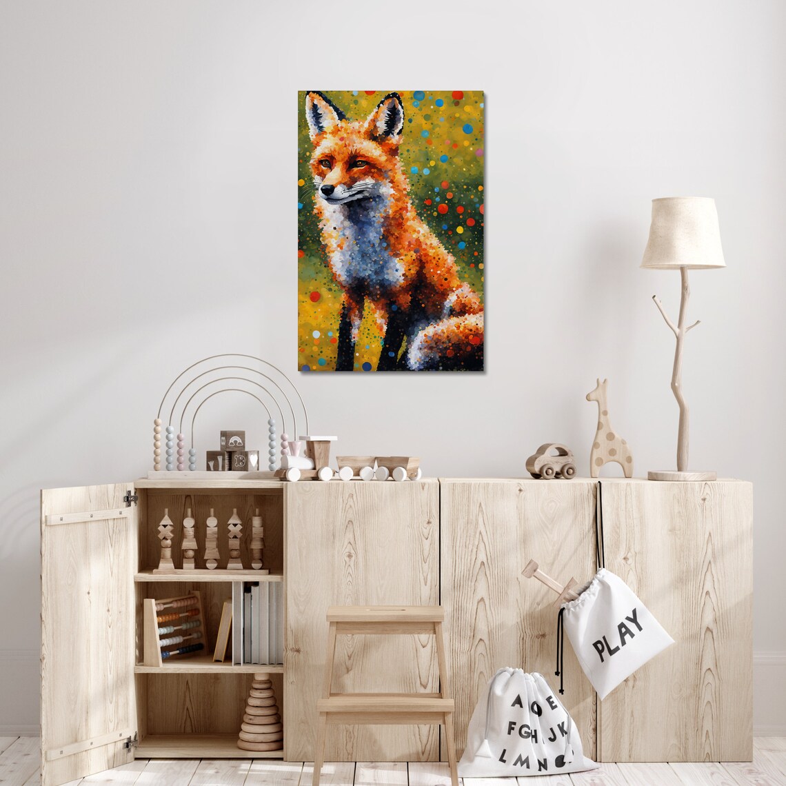 Sitting Red Fox Pointillism Dots Olive Meadow Curious Wildlife Art Poster - Image 3
