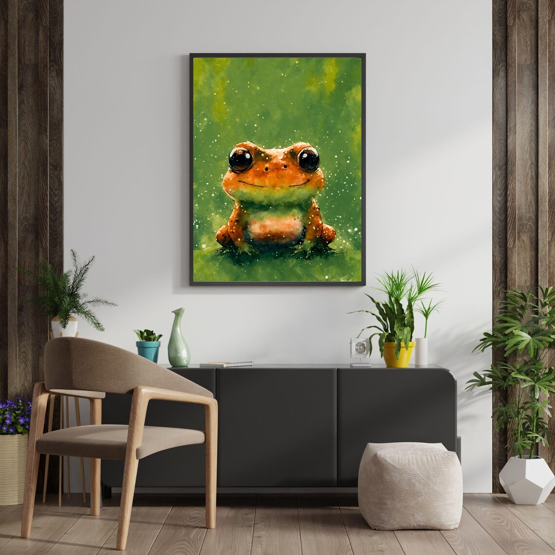 Cute Orange Frog Watercolor Portrait Big Eyed Toad Kids Room Art Print - Image 2