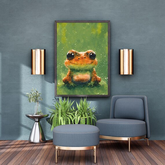 Cute Orange Frog Watercolor Portrait Big Eyed Toad Kids Room Art Print