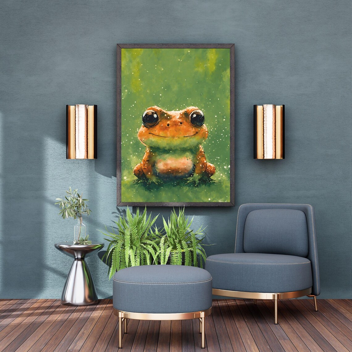Cute Orange Frog Watercolor Portrait Big Eyed Toad Kids Room Art Print