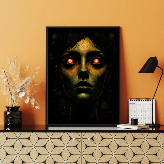 Dark Fantasy Woman Portrait With Glowing Red Eyes Mystic Gothic Wall Art