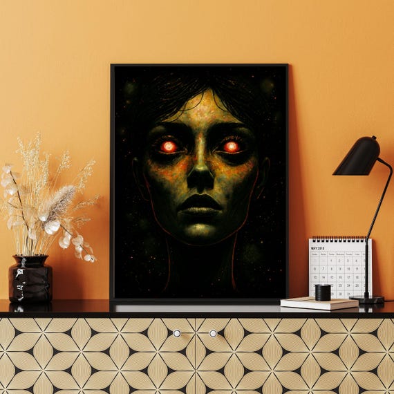 Female Glowing Eyes Portrait Art Print Dark Fantasy Woman Horror Mystic Art Gothic Decor Unique Wall Art 8x10 24x36 Painting
