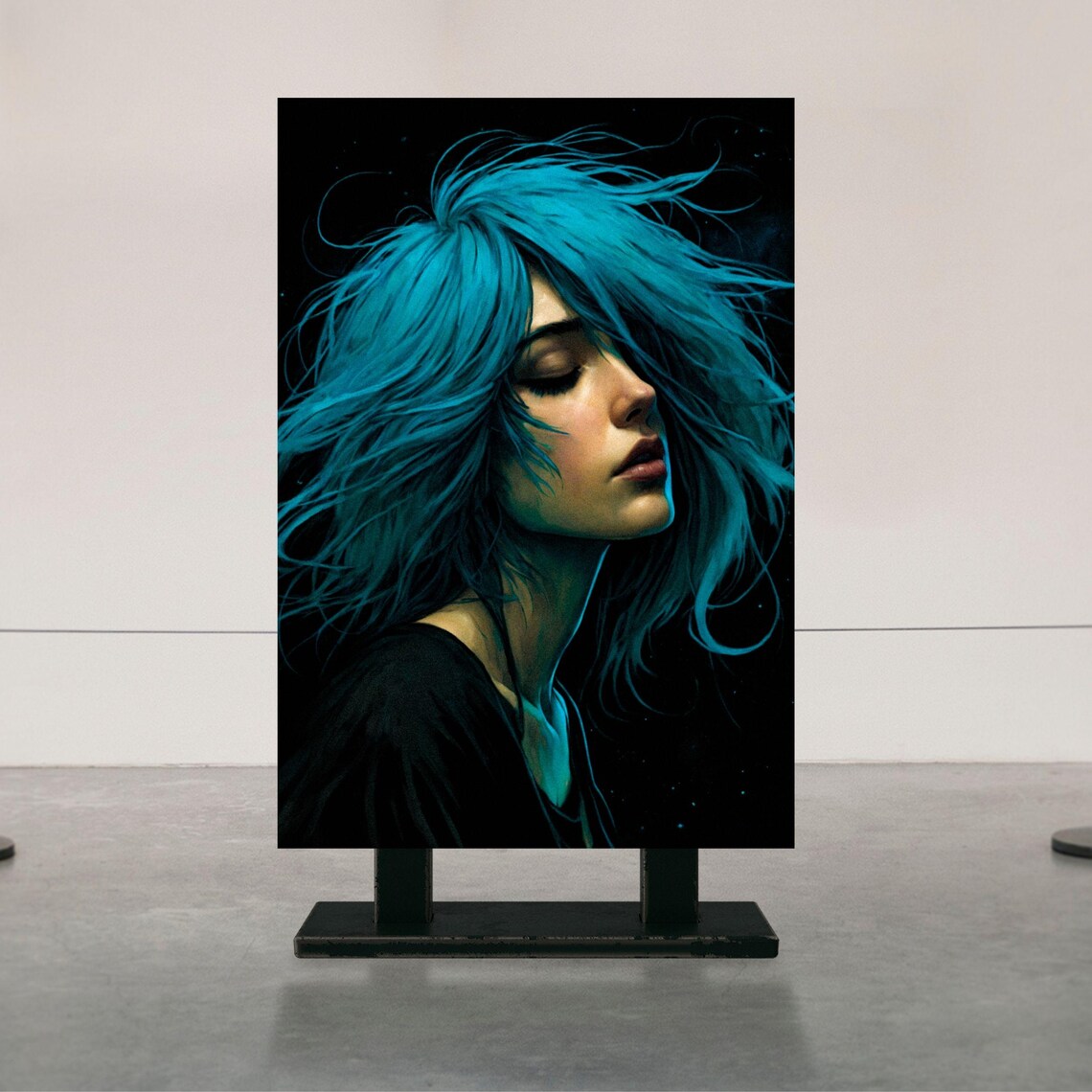 Windblown Teal Blue Hair Woman Portrait Emotional Dark Beauty Wall Art - Image 4