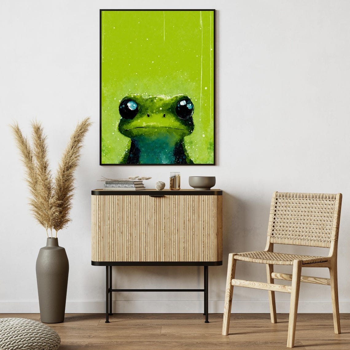 Cute Green Frog Big Eyes Portrait Lime Background Kids Room Poster - Image 2