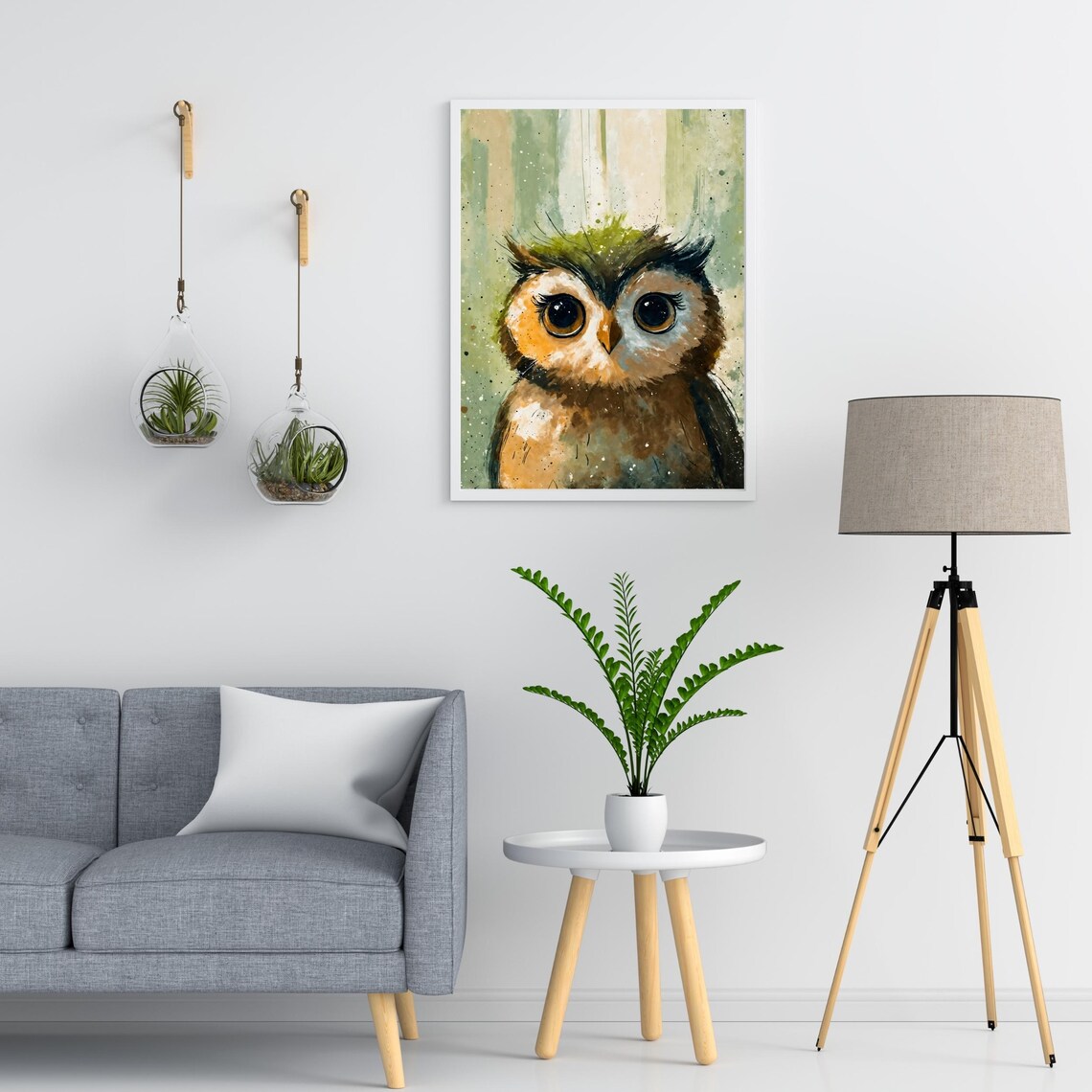 Cute Baby Owl Watercolor Portrait Big Eyes Green Forest Nursery Print - Image 4