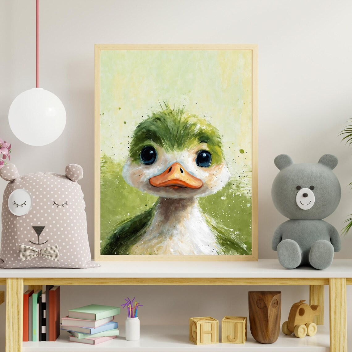 Cute Green Duckling Big Eyes Watercolor Nursery Kids Art Print