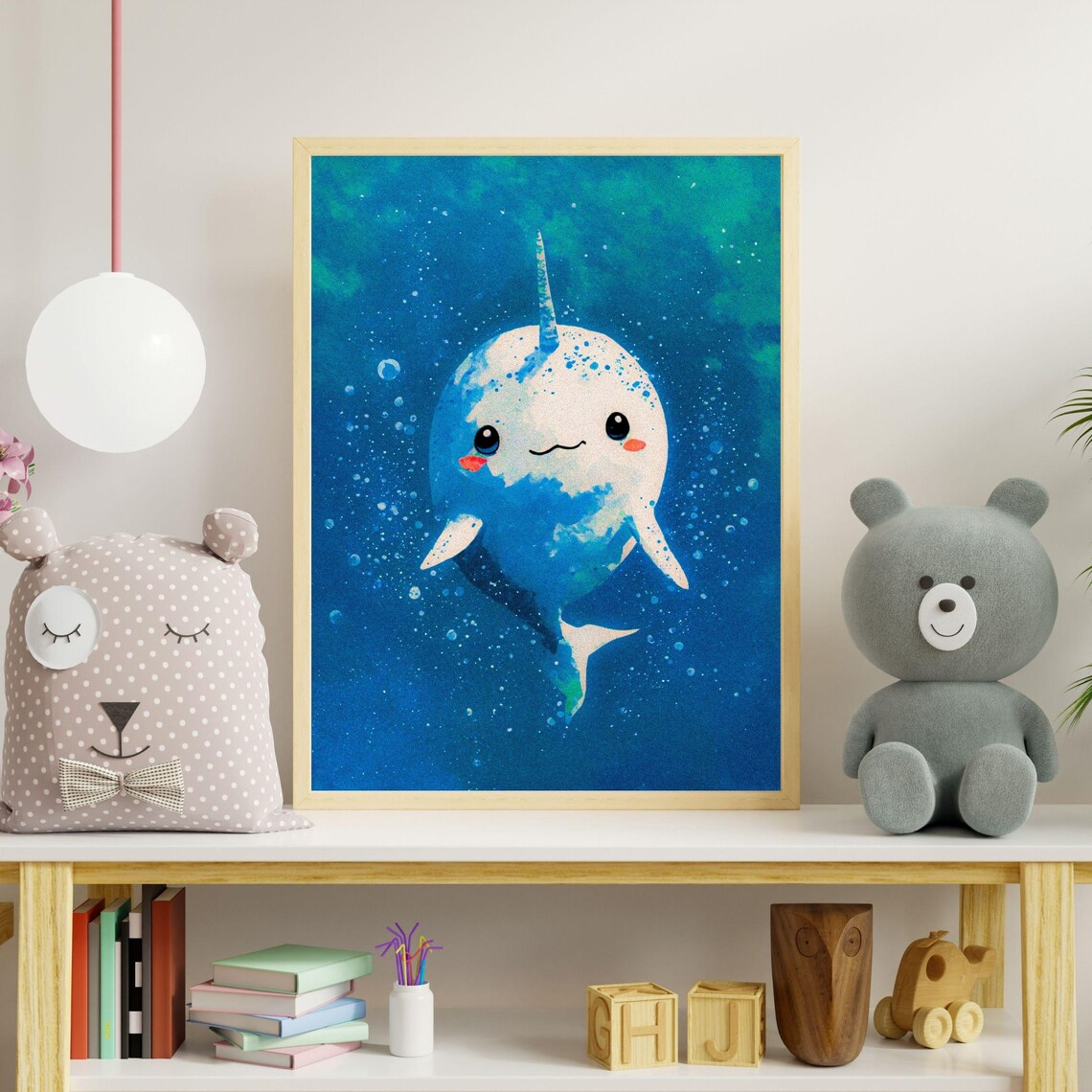 White Baby Narwhal Blue Ocean Nursery Kids Room Animal Wall Art - Image 8