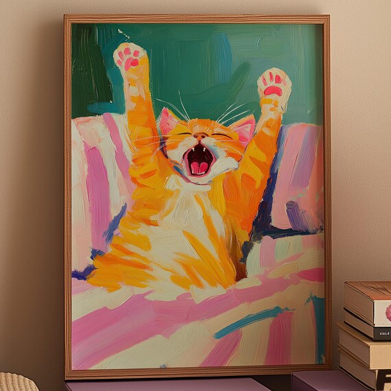 Yawning Orange Tabby Cat Stretching Kitsch Painting Funny Pet Art Print