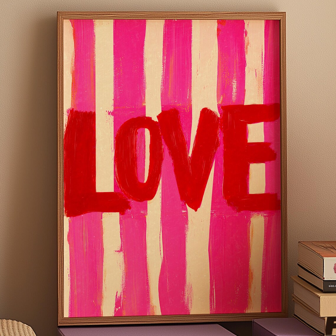 Love Typography Red Brushstroke Lettering Pink Stripes Modern Wall Art