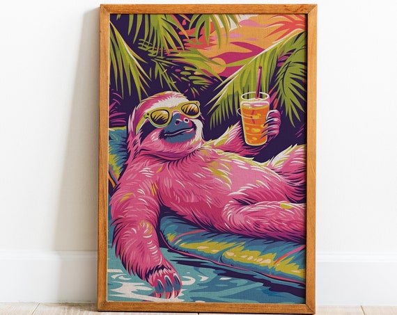 Trendy Cocktail Sloth Poster Wall Art Instant Maximalist Pop Art Print Holiday Themed Poolside Decor Furry Painting