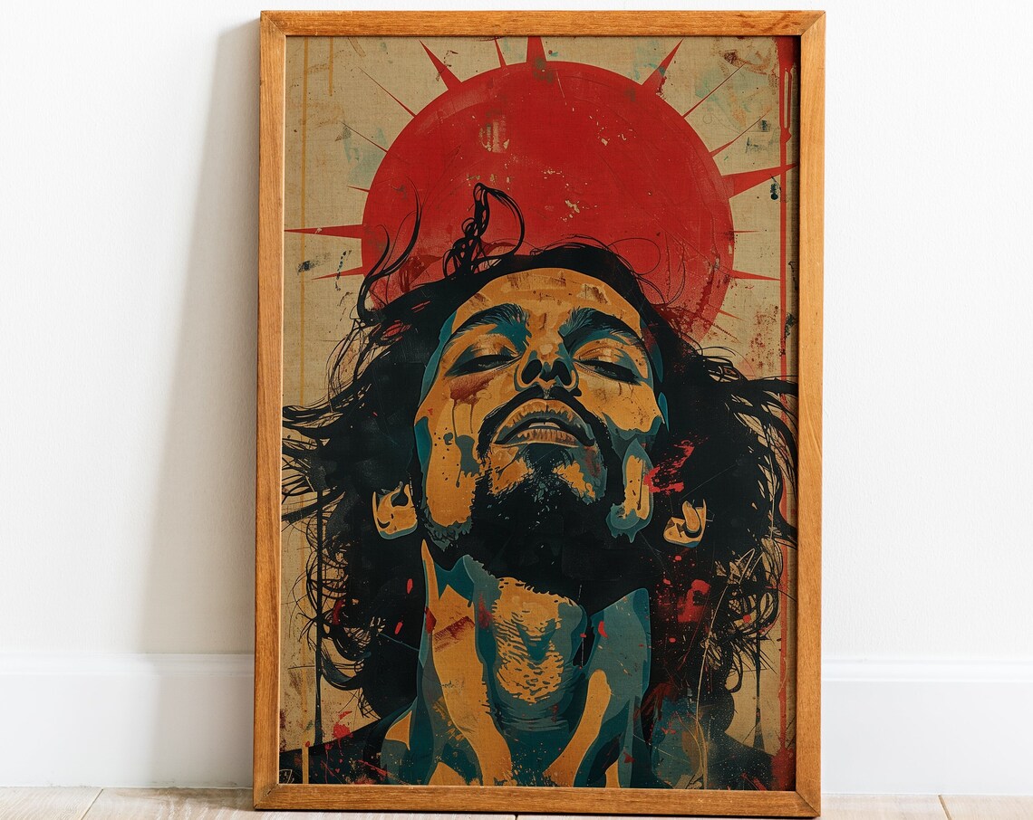 Moody Jesus Portrait Red Sun Pop Art Poster Retro Christian Wall Decor